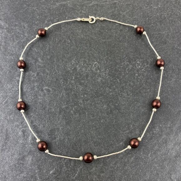 Chocolate Pearlescent Bead Station Necklace | NWOT Sterling Silver 925 | 16" - Picture 5 of 6